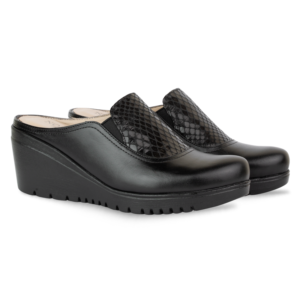 Edge Noir – Sabots Compensés Femme en Cuir