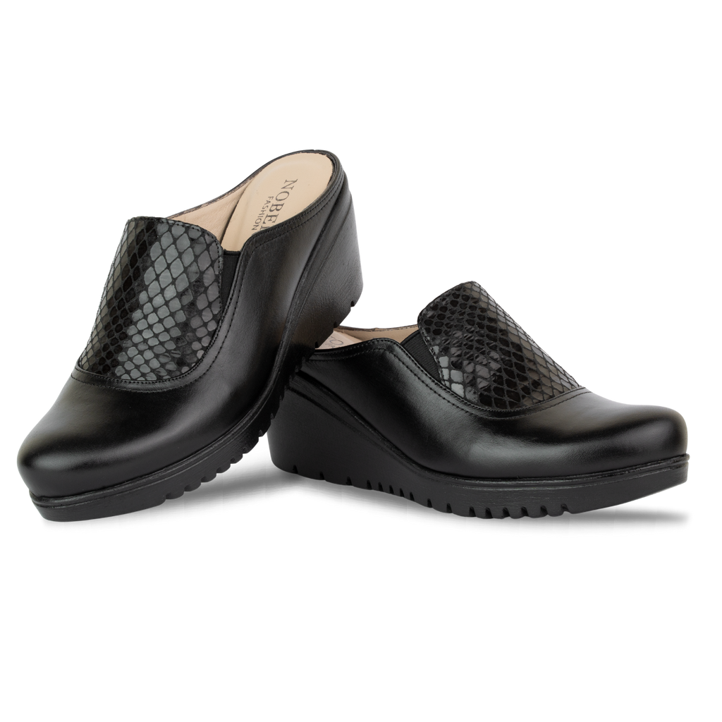 Edge Noir – Sabots Compensés Femme en Cuir