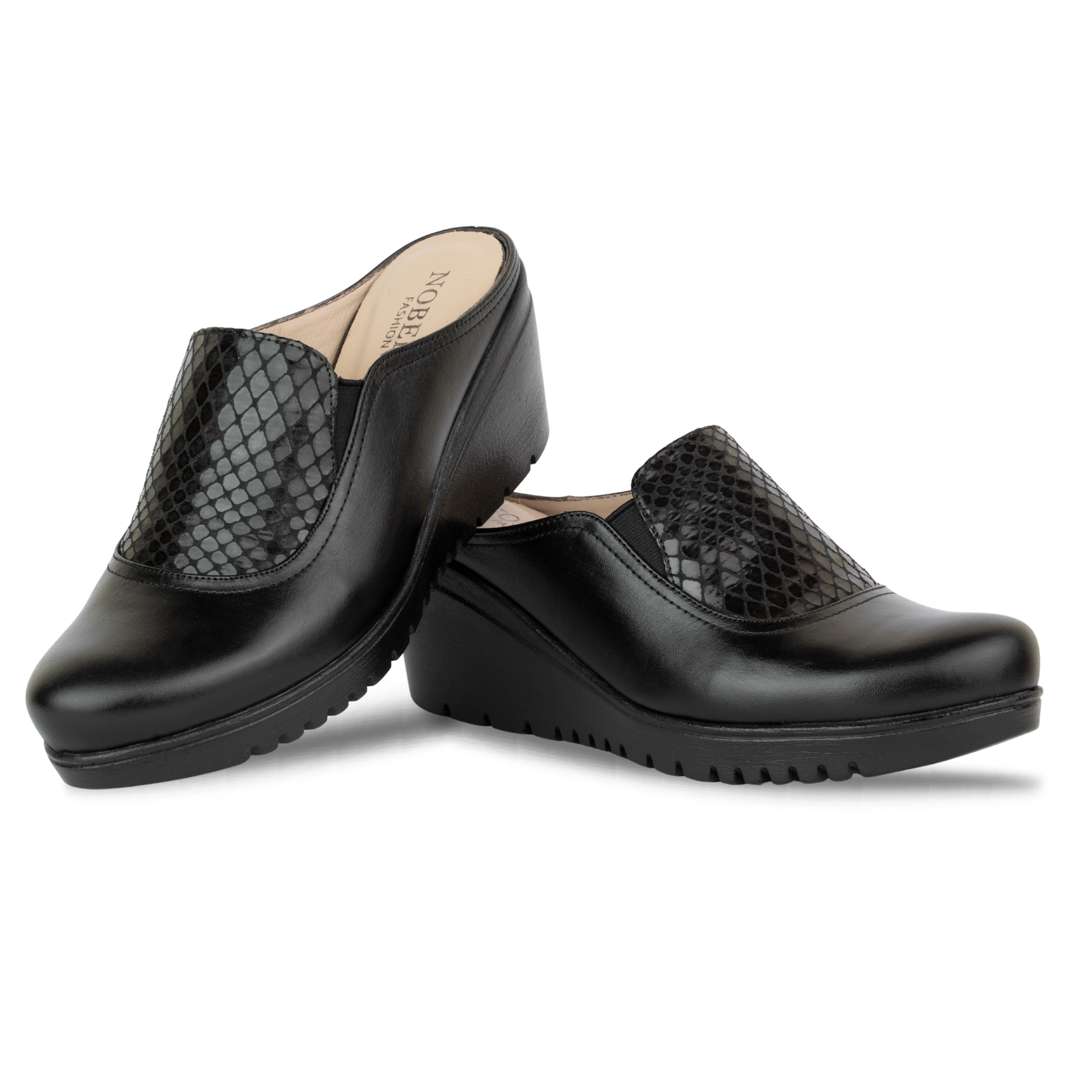 Edge Noir – Sabots Compensés Femme en Cuir