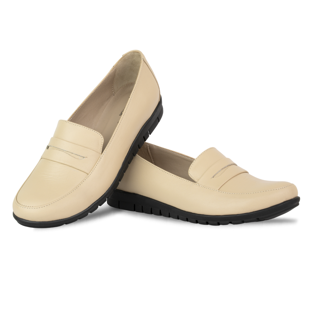 Virello Beige – Mocassins Confort Flex Femme en Cuir Véritable